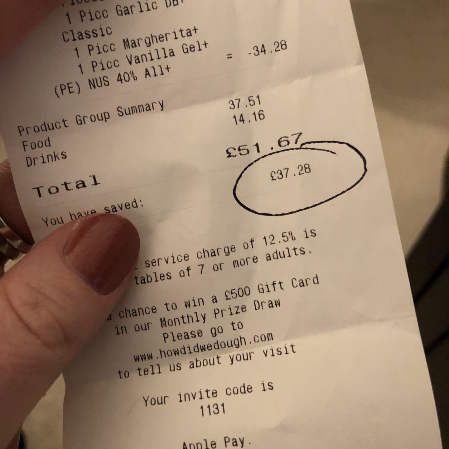 Lunch receipt with 40% cut off